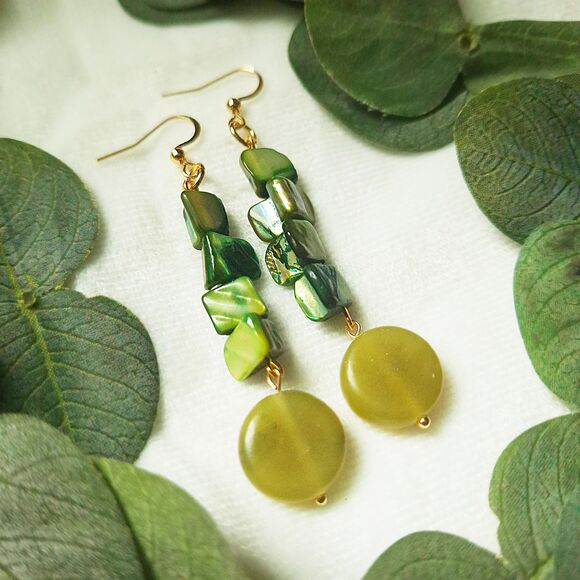 Coastal Green Mother of Pearl & Serpentine Stone Earrings: 24k Gold Plated Hooks - Picture 4 of 10